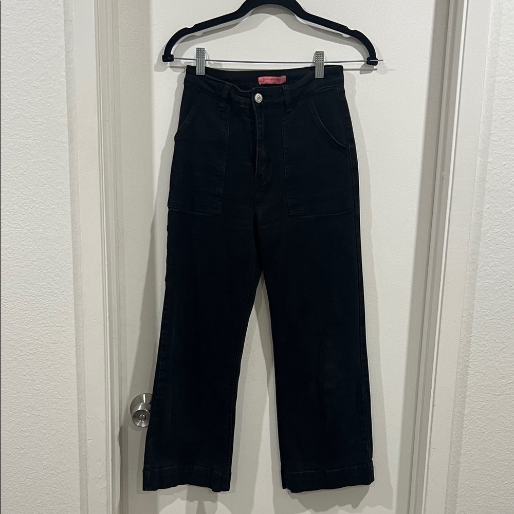 Signature8 Black High Rise Wide Leg Ankle Cropped Jeans with Cargo Pocket Detail